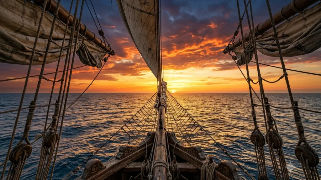Christopher Columbus 1492 voyage: a sailing ship heading towards the horizon