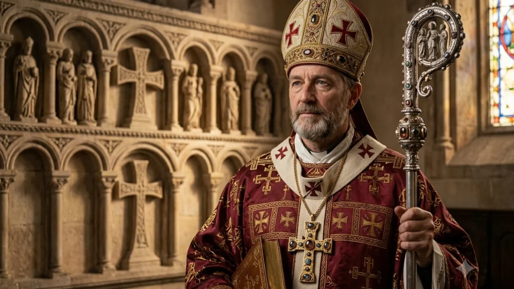 History of San Severino Marche: a bishop inside a historic church