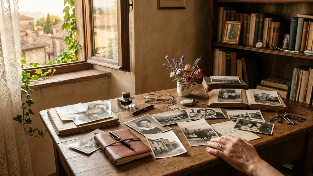 A hand beside old photographs and notebooks on a wooden desk overlooking the countryside.