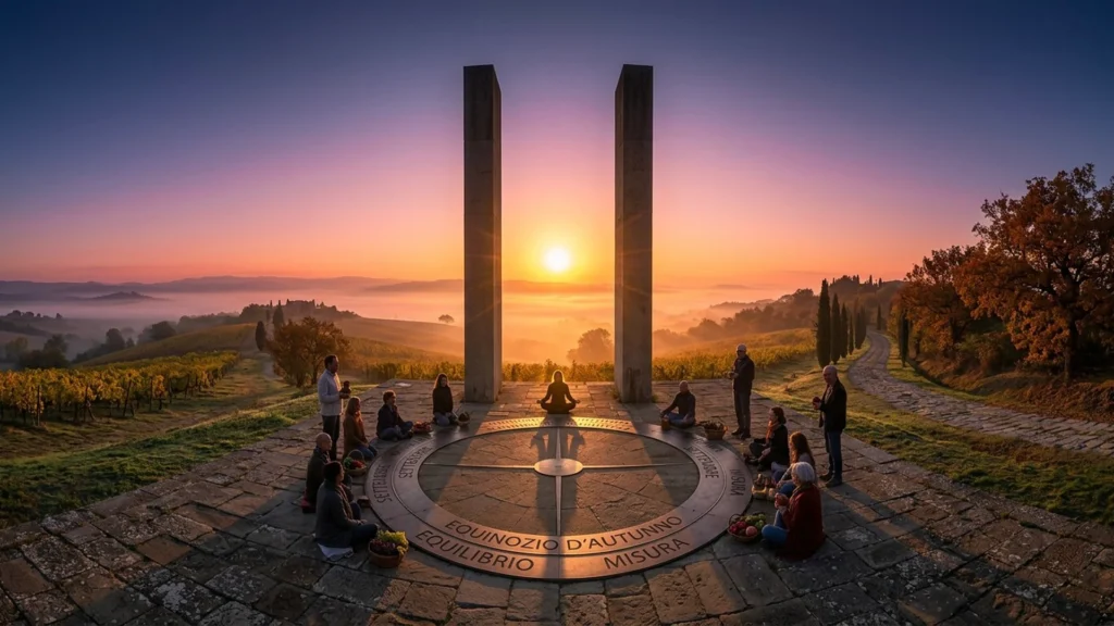 Sunset between two stone pillars above a circular platform, with vineyards and hills beyond.