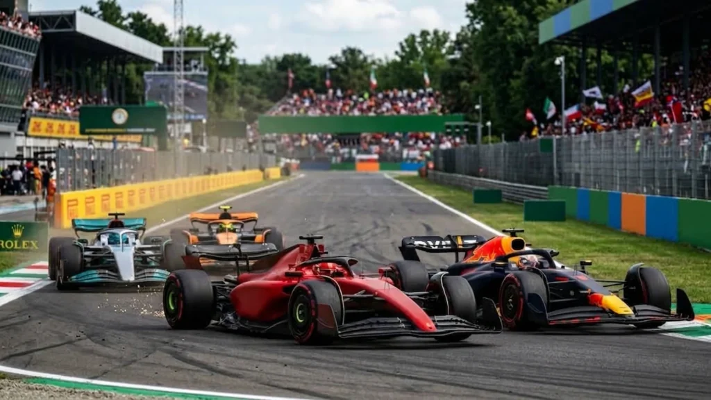 Single-seater racing cars on a circuit, illustrating the contrast between speed and the slow creation of wine.