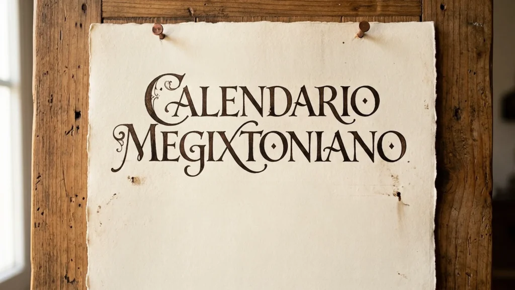 A parchment headed Calendario Megixtoniano hanging against weathered wooden boards.