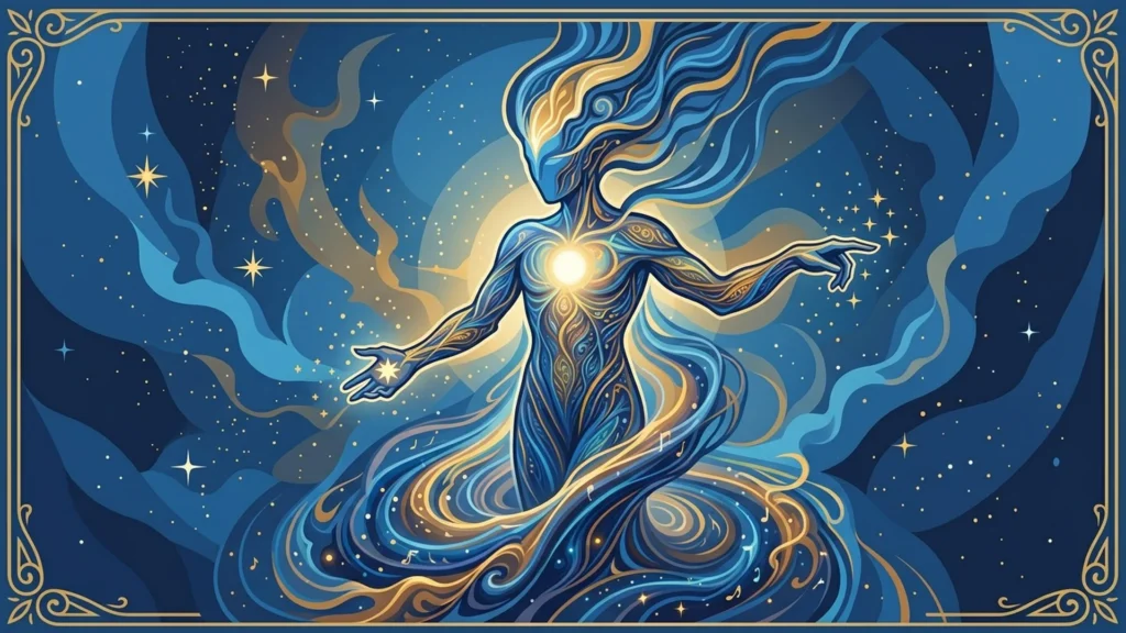 A blue and gold celestial figure surrounded by flowing ribbons, stars and a crescent moon.