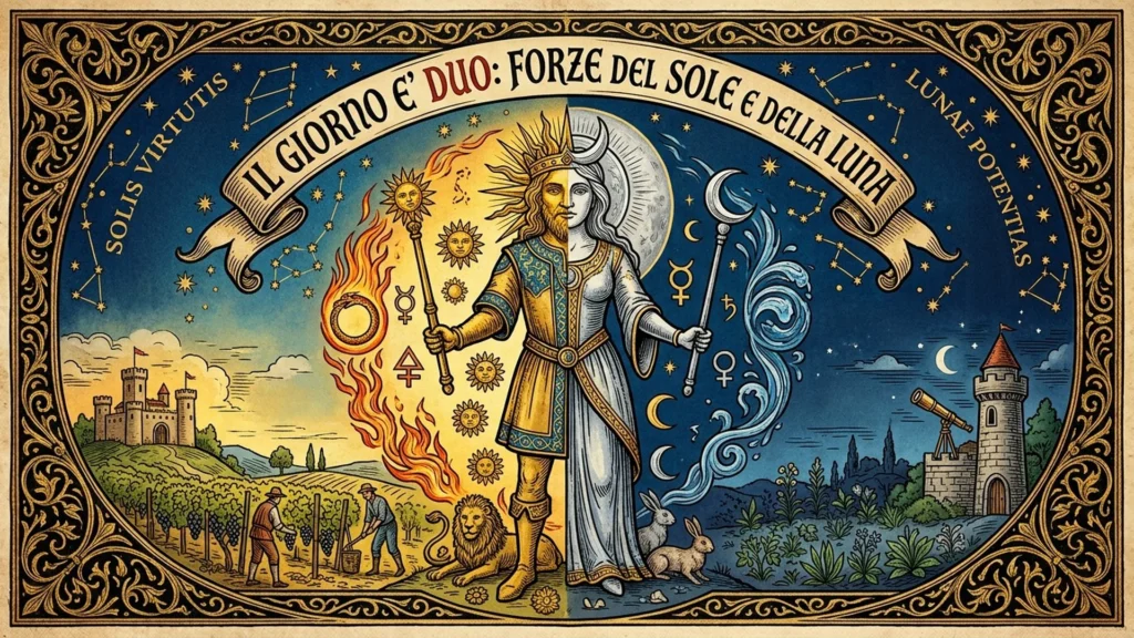 An illuminated manuscript showing an allegorical figure with a sun and moon inside an ornate border.