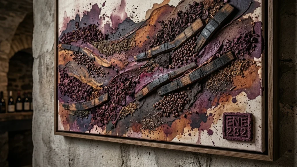 THE BEGINNING by ENE 282, with diagonal dark wood fragments and purple and earth-toned textures.