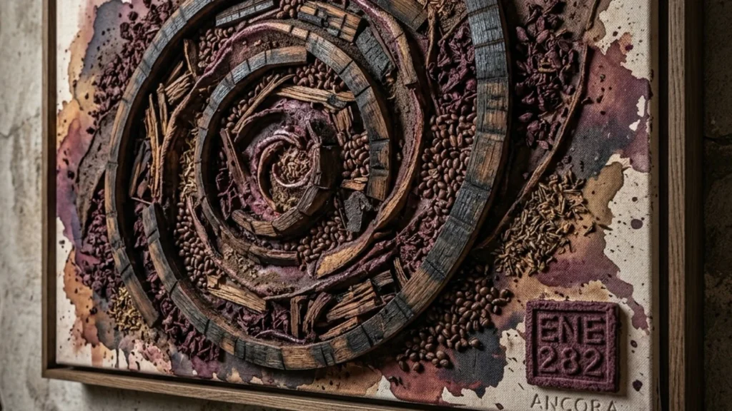 ANCORA by ENE 282, a spiral of curved dark wood over a textured purple surface.
