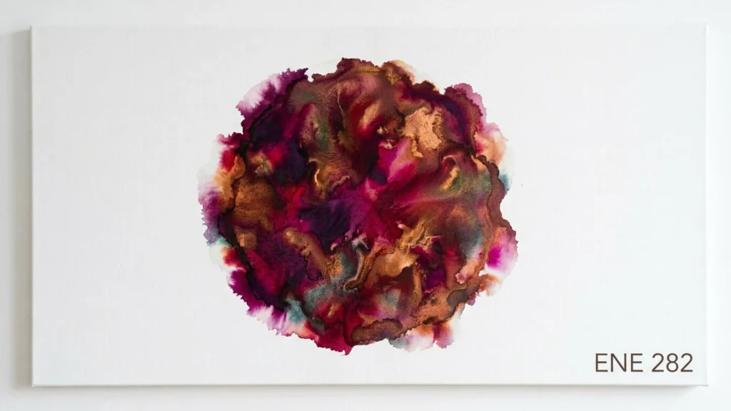 SOLVE by ENE 282, an organic red, purple and amber shape on a white canvas.