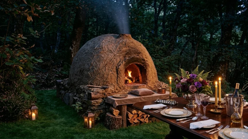 A clay dome oven with a glowing fire beside a wooden table set with glasses and candles in woodland.